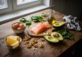 Produkty na diecie keto: łosoś, awokado, jajka, orzechy, szpinak i ser na drewnianym stole