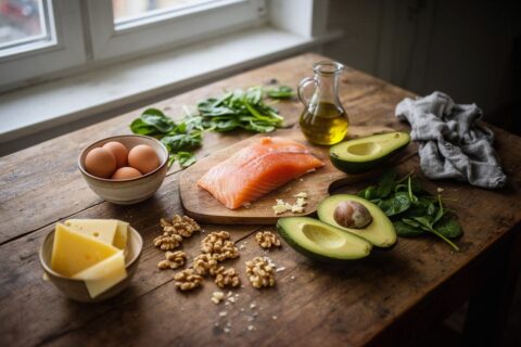 Produkty na diecie keto: łosoś, awokado, jajka, orzechy, szpinak i ser na drewnianym stole