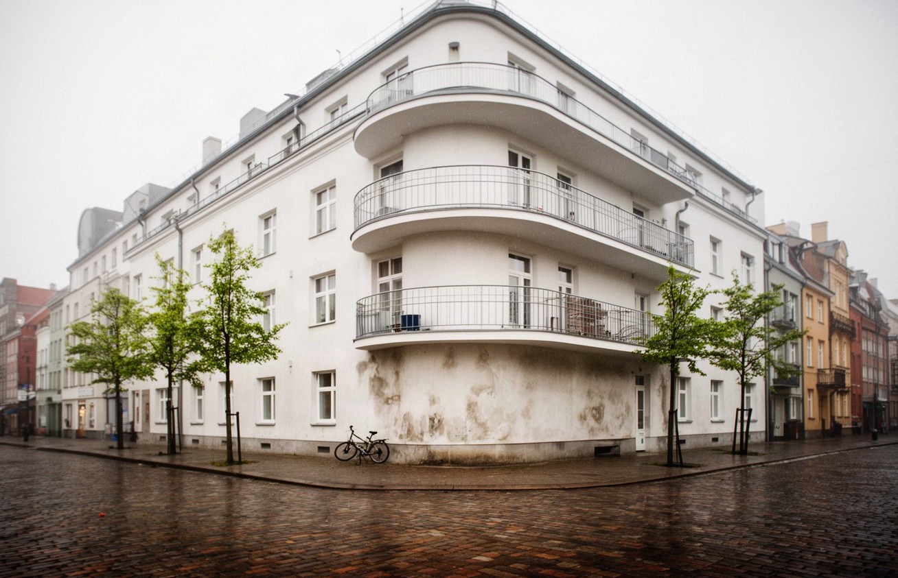Narożnik modernistycznej kamienicy z zaokrąglonymi balkonami przy szerokiej ulicy, jak w przedwojennym śródmieściu Gdyni