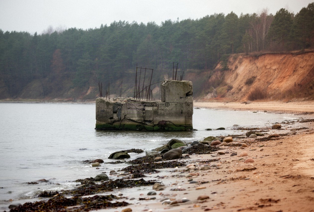 Betonowa ruina w płytkiej wodzie przy plaży pod klifem na północy Gdyni