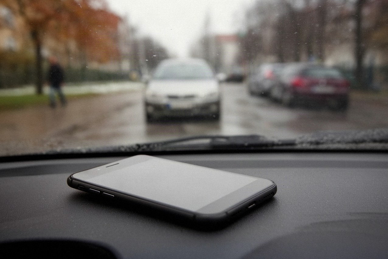 Smartfon na desce rozdzielczej zaparkowanego auta w pochmurne jesienne popołudnie