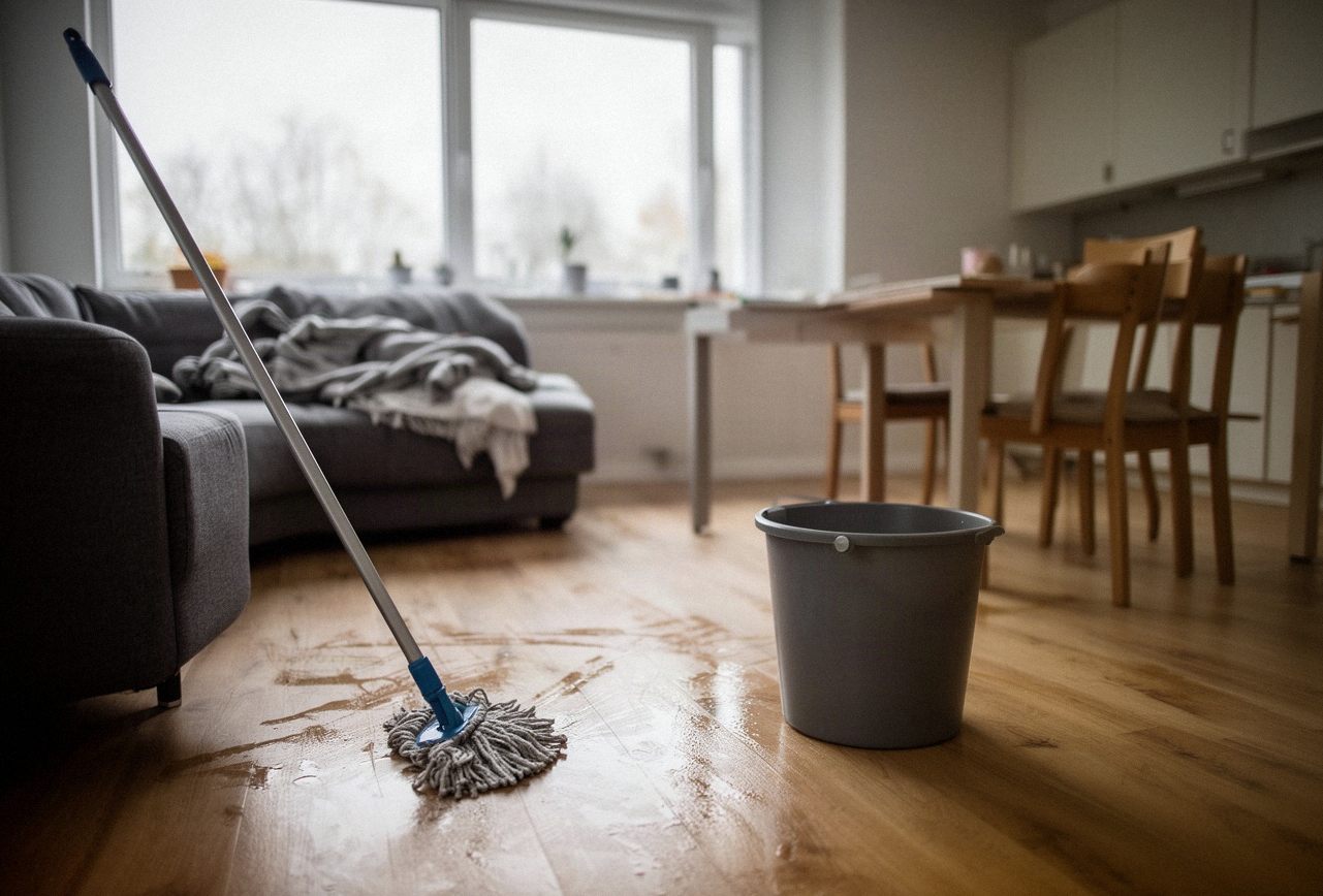 Salon domu jednorodzinnego w trakcie cotygodniowego sprzątania, mop i wiadro na podłodze