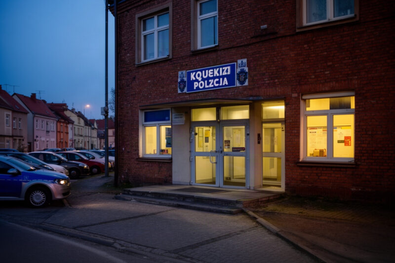 Wejście do komendy policji o zmierzchu